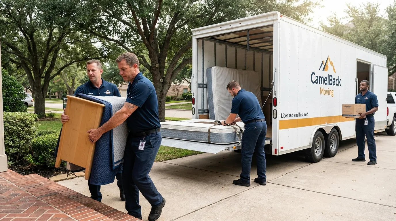 Crew loading residential truck for cross-state move from Center, TX