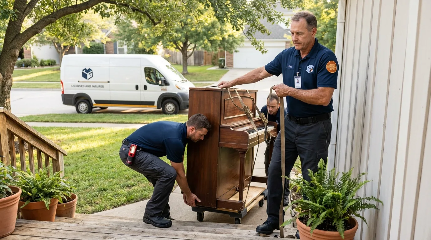 Licensed piano movers securing grand piano in Center, TX