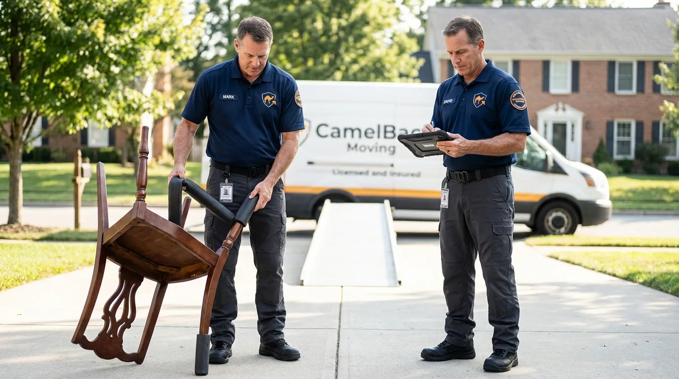 Movers inspecting furniture for damage prevention before loading in Center, TX