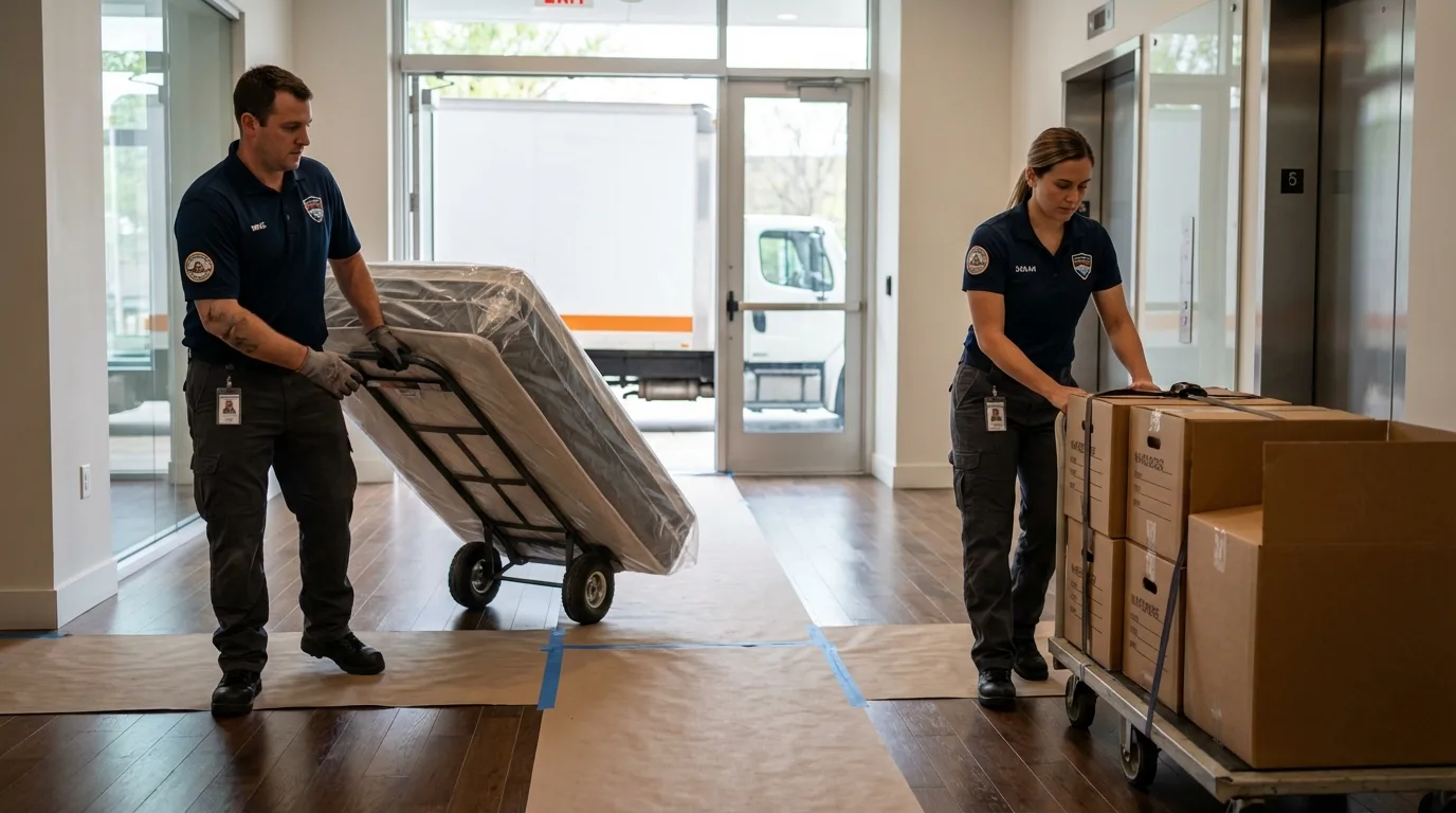 Professional apartment movers loading elevator in Center, TX